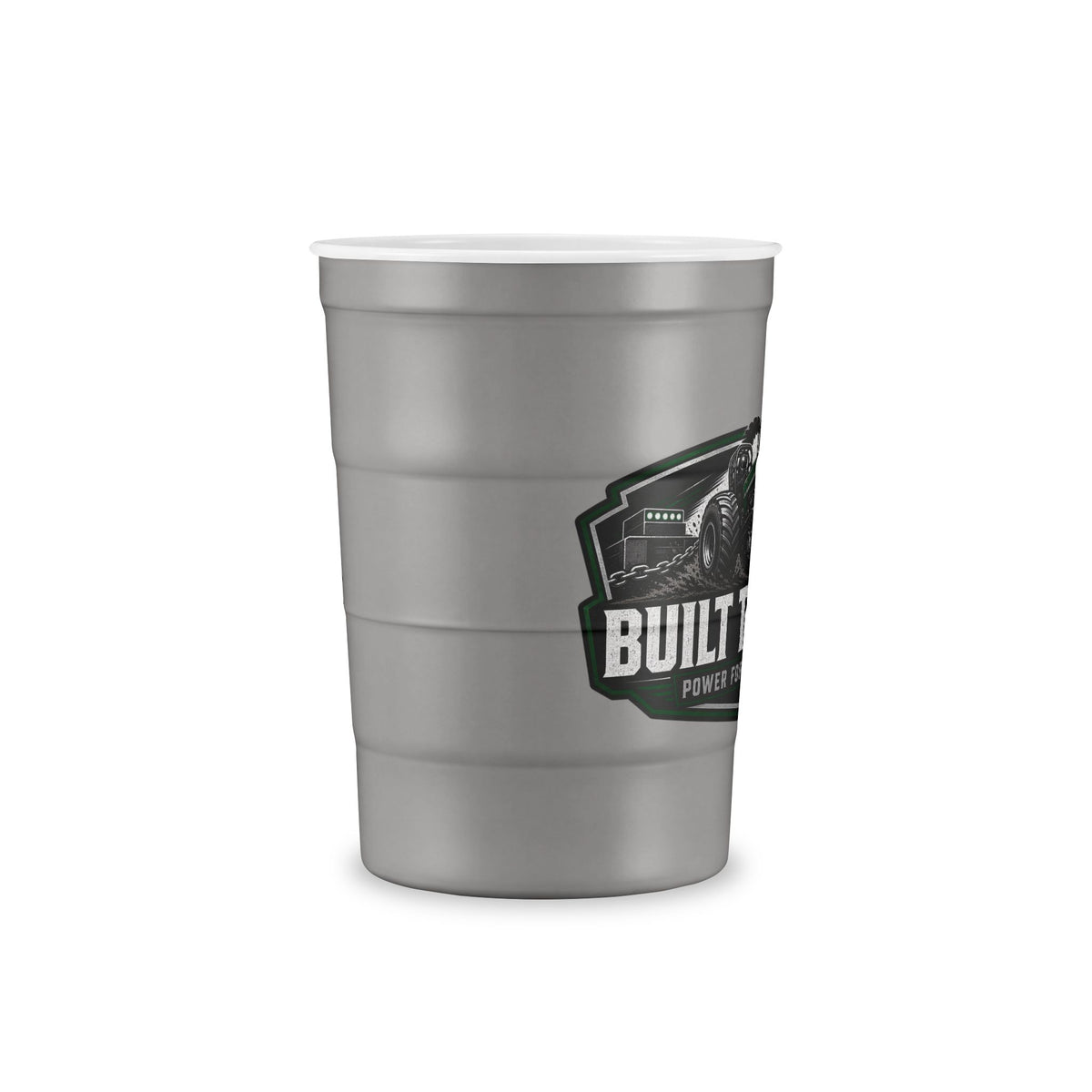 Recyclable Steel Cup — 'Built Tough' Truck & Tractor Logo Reusable Pint
