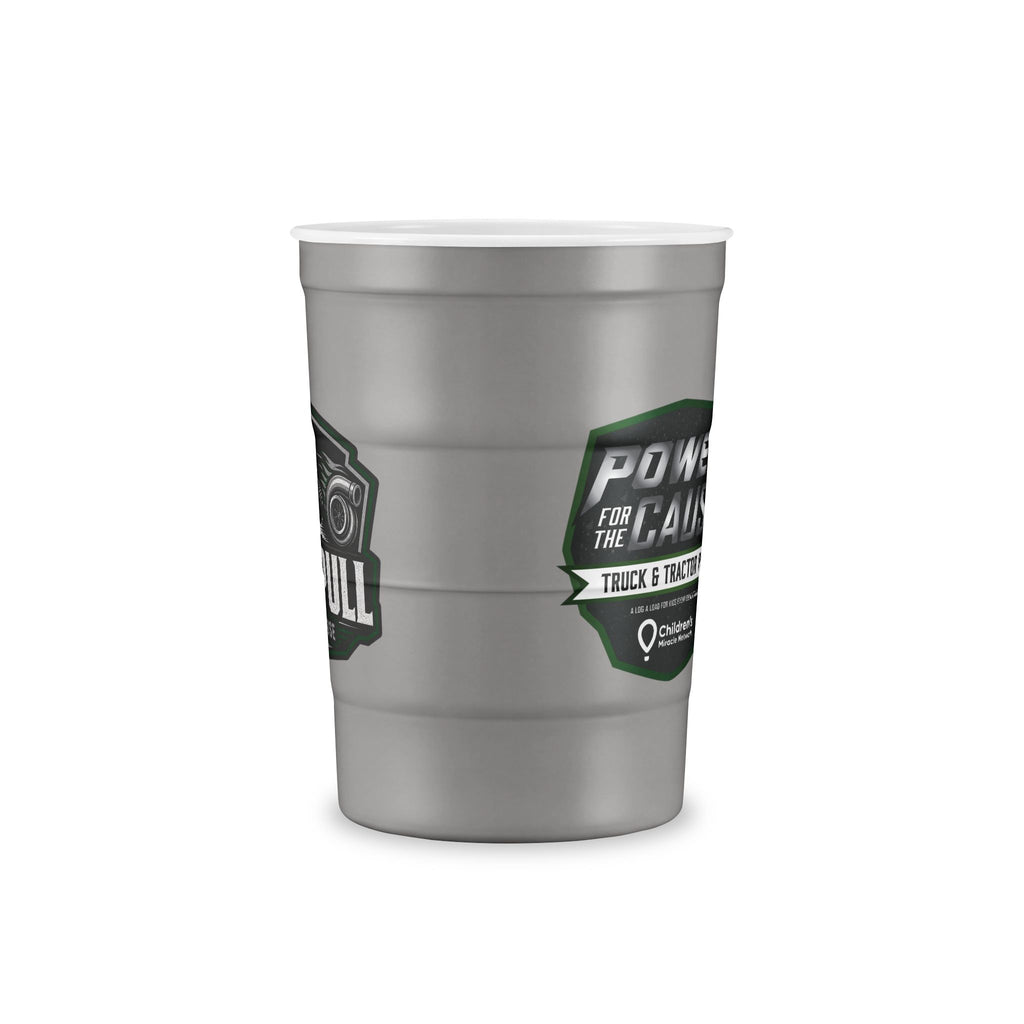 Recyclable Steel Cup — 'Built Tough' Truck & Tractor Logo Reusable Pint