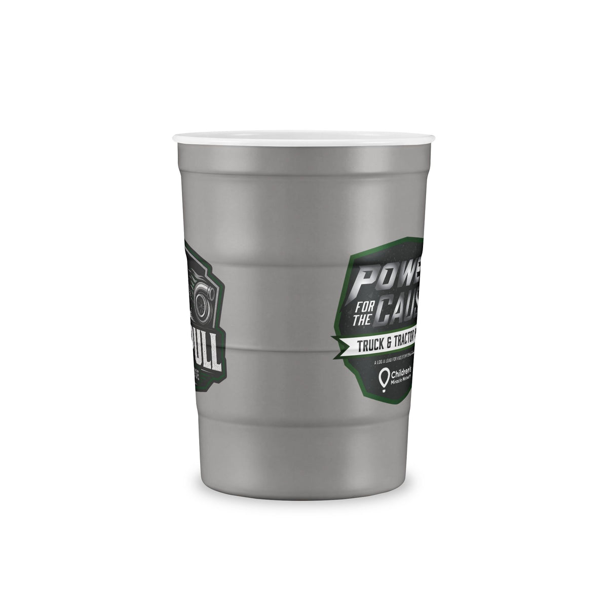 Recyclable Steel Cup — 'Built Tough' Truck & Tractor Logo Reusable Pint