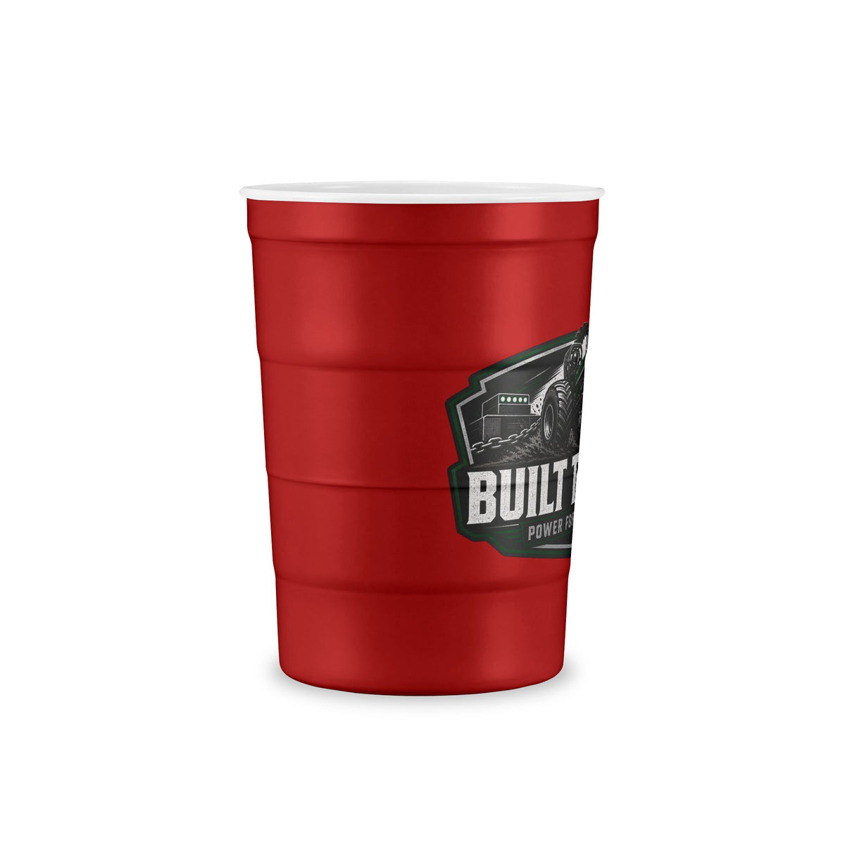 Recyclable Steel Cup — 'Built Tough' Truck & Tractor Logo Reusable Pint