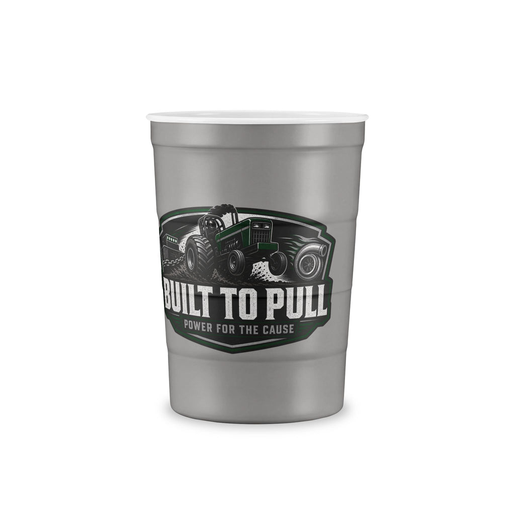 Recyclable Steel Cup — 'Built Tough' Truck & Tractor Logo Reusable Pint