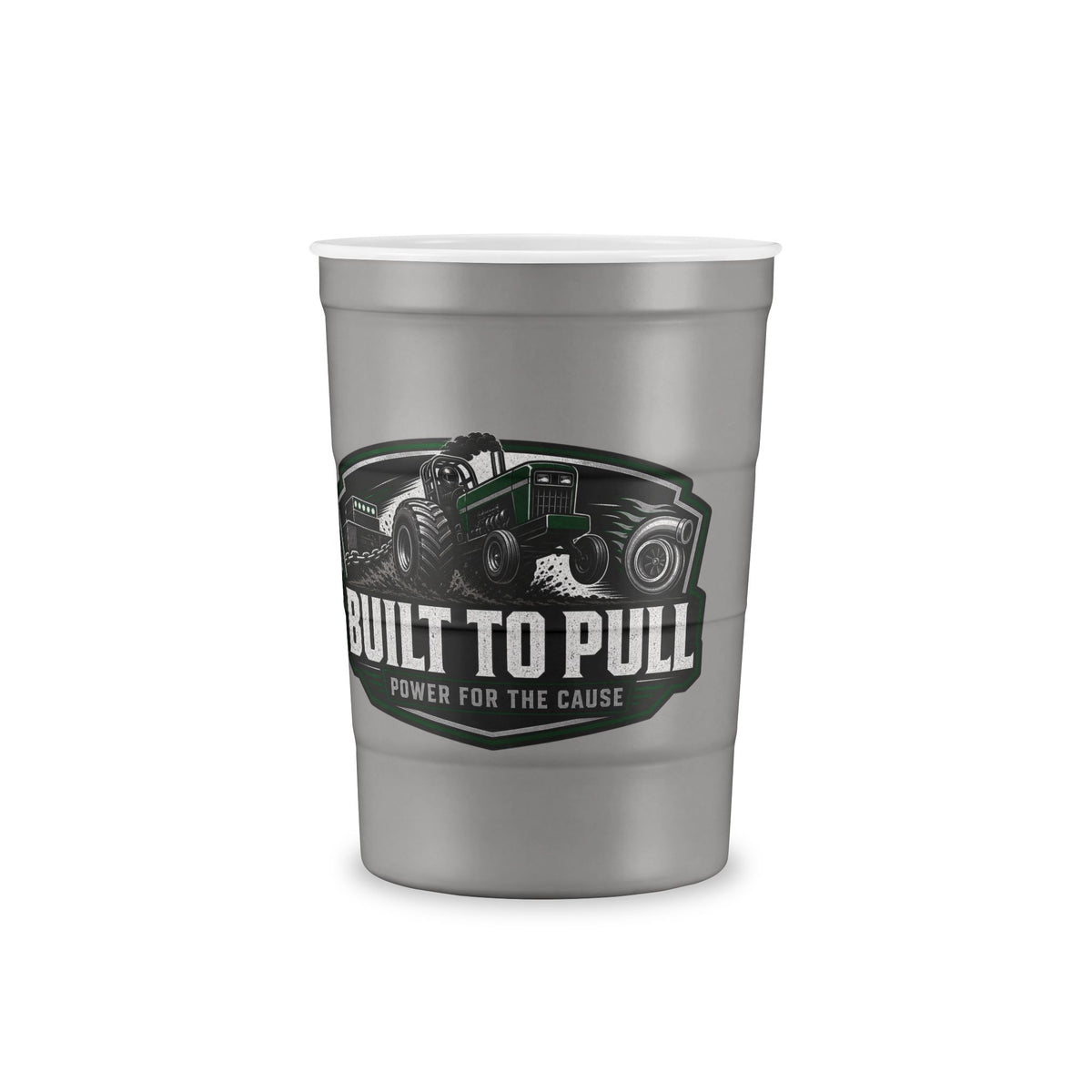 Recyclable Steel Cup — 'Built Tough' Truck & Tractor Logo Reusable Pint